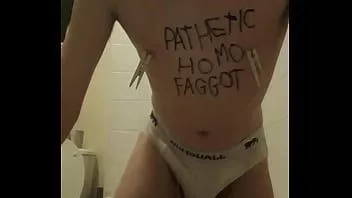 Play Pathetic labelled faggot self-humiliates by pissing itself and getting horny